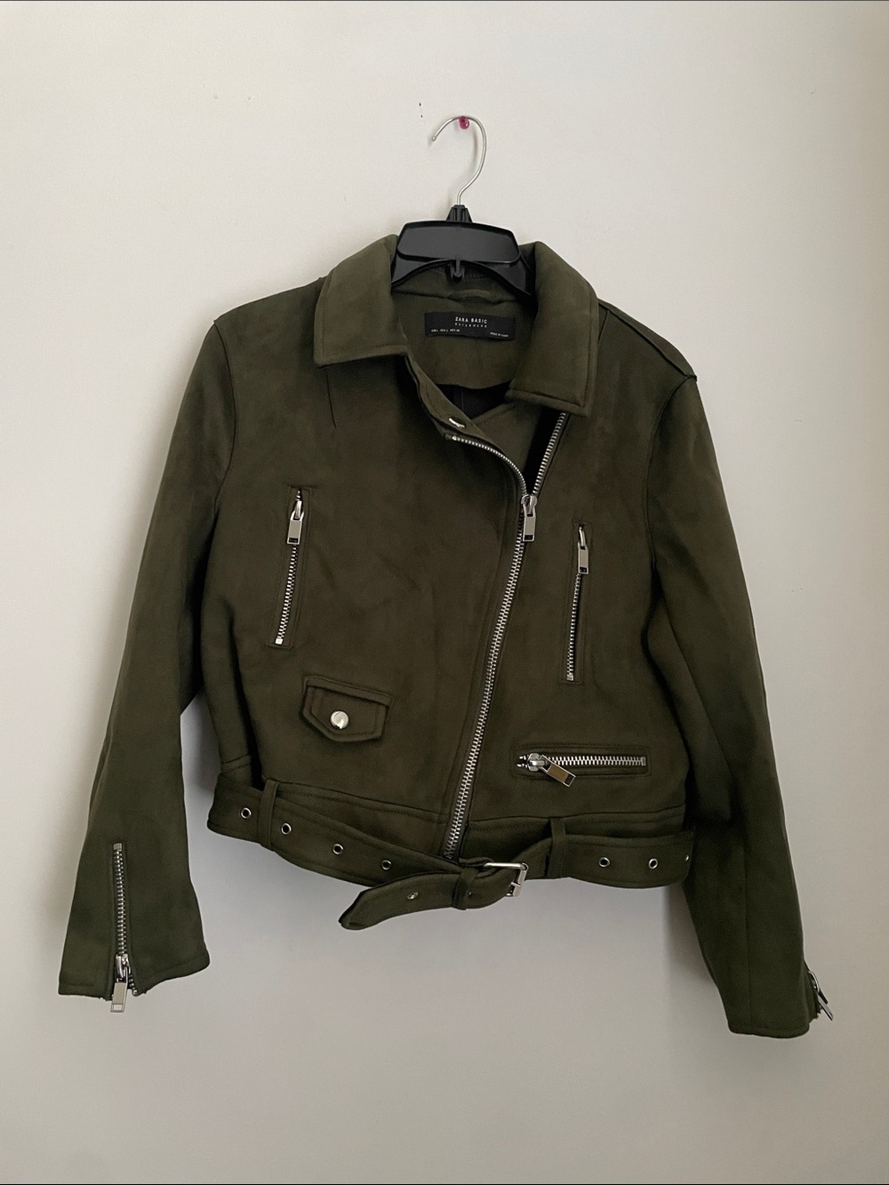 ZARA Outwear Olive Green Faux Suede Belted Moto Biker Jacket Women's Size Large